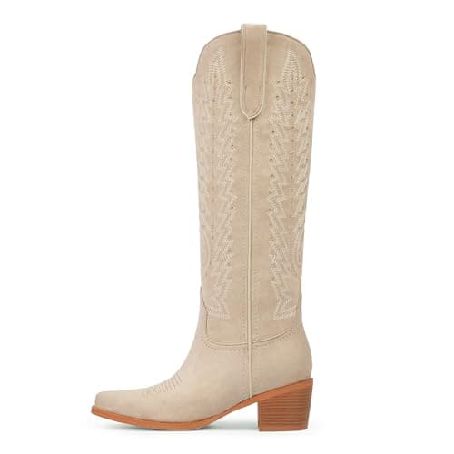 VIUGJNEX Women's Cowgirl Boots Beige Suede Western Knee High Beige Cowboy Boots Wide Calf Slip On Chunky Heel Pointed Toe Pull On Tall Boot for Party Concert Retro Classic Size 9.5 - Thumbnail 5