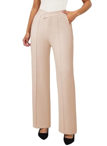 Pink Queen Black Slacks Women Straight Leg Business Casual High Waisted Dress Pants for Women 2025 Fall Winter Floor Length Long Trousers Crossover Elastic Waist Tummy Control Work Pants Beige S - Image 1