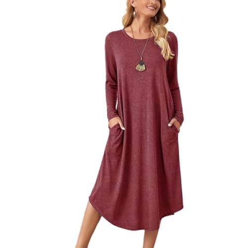 Lounge Dress for Women Long Sleeve Nightgown Midi Long Dress Loose Casual Side Slit Dresses Pocket XXL Red - Image 1