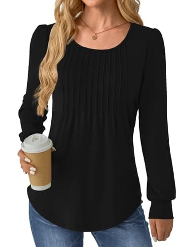 GKBK Women Long Sleeve Shirts Fall Tops Dressy Pleated Scooped Neck Tunic Tops for Leggings Black XXL - Thumbnail 4