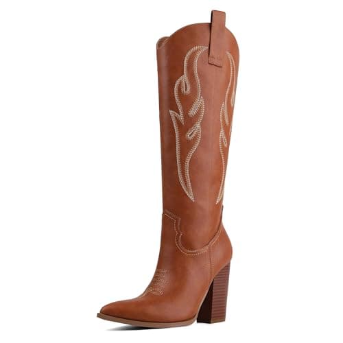 Celbreez Women's Cowboy Boots Brown Cowgirl Boots with Embroidered Knee High Cowboy Boot Women Pointed Toe Side Zipper Western Boot Leather Wide Calf Chunky Heel Country Shoes - Image 1
