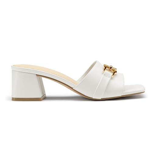 Athlefit Heeled Sandals for Women Mules Square Open Toe Chunky Block Heels Summer White Slip On Dress Shoes for Party Wedding Size 8.5 - Thumbnail 4