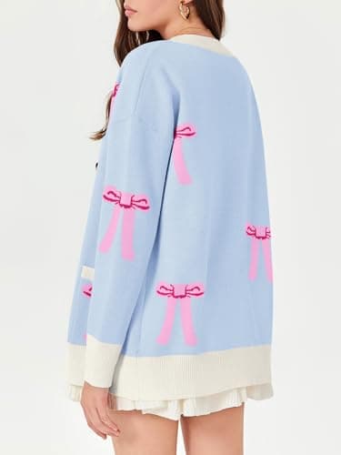 Saodimallsu Womens Oversized Cardigan Sweaters Bow Printed Button V Neck Long Sleeve Loose Knit Fall Trendy Coats Blue - Thumbnail 5