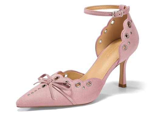 Coutgo Womens High Heels Bow Tie Closed Pointed Toe Stiletto Ankle Strap Studded Suede Dress Shoes, Pink, Size 8 - Image 1