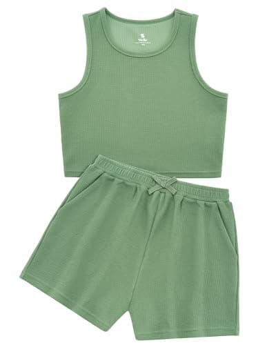 Stelle Girls Athletic Sets, Scoop Neck Ribbed Crop Tops Elastic Waist Shorts With Pockets 2 Piece Outfits, Girls' Short Sets 8-9, Grass Green, Medium - Image 1