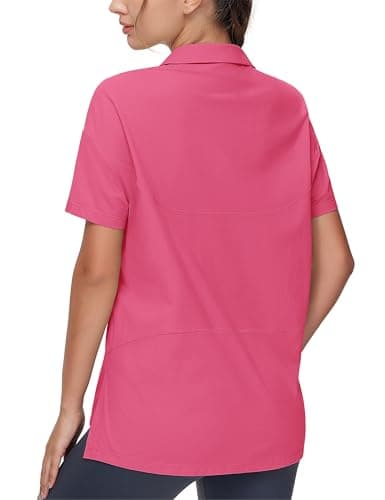 THE GYM PEOPLE Women's Loose fit Workout Polo Shirts Back Short Sleeve V Neck Tees Tops with Side Slits Bright Pink - Image 1