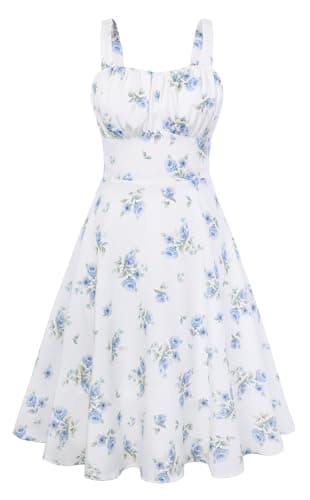 Belle Poque Blue Floral Dress for Women 2026 Summer Sleeveless Flowy Midi Sundress Vintage Corset Milkmaid Dress Small - Image 1