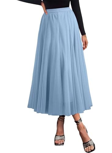 Happy Sailed Tulle Skirts for Women Spring Elastic High Waisted A-Line Pleated Long Flowy Skirt for Party Date Night Outfits 2026 Sky Blue Large - Image 1