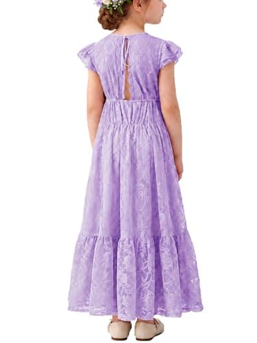 ALLOVIN Toddler & Girls Spring Graduation Lace Flower Girl Dress for Wedding Baptism First Communion Maxi Boho A-Line | Flutter Sleeve Purple | 3-4Y - Image 1