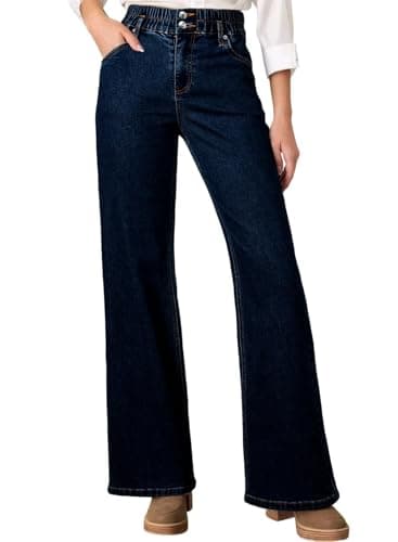 Astylish Women's Stretch Elastic High Waisted Jeans Trendy Baggy Wide Leg Straight Denim Pants Navy Blue Size 18 - Image 1