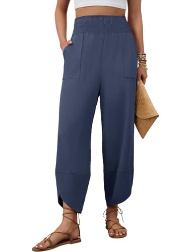 grewley Womens Wide Leg Palazzo Capri Pant Barrel Harem Linen Pants High Waist Lounge Trousers Beach Vacation Navy Blue L - Image 1