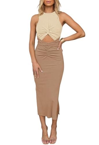 HUUSA Teens Junior Girls Spring Break Outfit Elegant Cut-Out Sleeveless Color Block Twist Knot Empire Waist Split Skinny Form Long Dresses for Women Ginger/Light Brown XL - Image 1