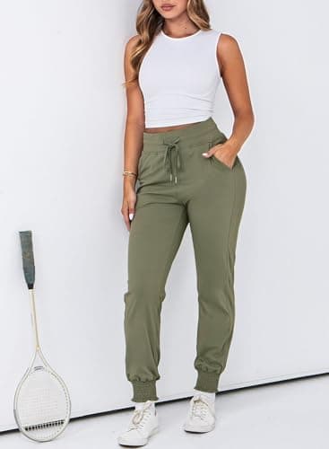 Dokotoo Women's Pants High Waisted Drawstring Joggers Pants Elasticity Casual Flowy Pant Cuffed Plain Jogging Spirng Summer Outfits Workout Lounge Sweatpants Green Large - Thumbnail 3