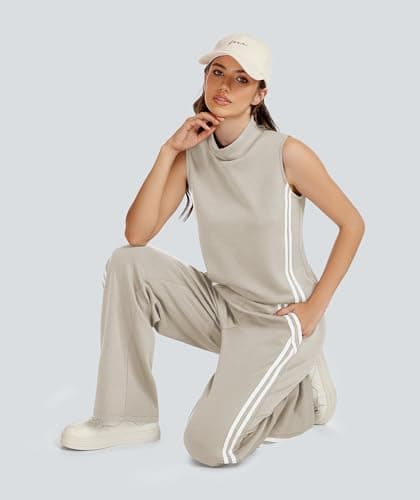 Casly Lamiit Two Piece Sets for Women Lounge Travel Outfits Casual Sweatsuit Matching Airport Clothes Sleeveless Tops Long Jogging Pants Dark Beige XL - Thumbnail 6