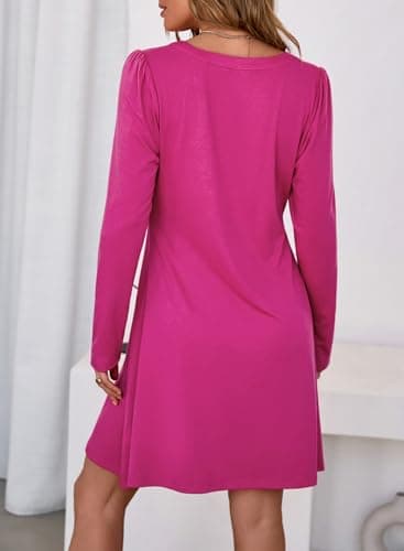 Dokotoo Womens Spring Dresses Fashion V Neck Long Sleeve Flowy Dress for Women 2026 Casual Elegant A Line Swing Solid Color Mini Dress Outfits Hot Pink Medium - Thumbnail 4