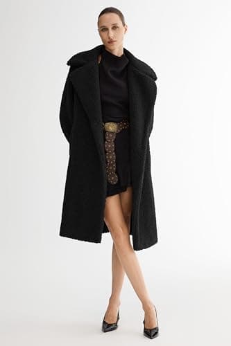 Orolay Women's Fuzzy Fleece Jacket Mid Long Faux Fur Lapel Sherpa Teddy Coat Winter Warm Outerwear with Pockets Black Large - Thumbnail 2