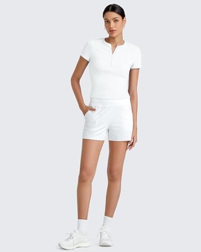 G4Free Womens Short Sleeve Tops Workout Quarter Zip Shirts Athletic Stretchy Slim Fit Ribbed Comfy Lightweight Gym Yoga Top (White,L) - Thumbnail 5