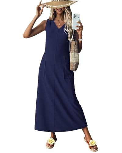 MISFAY Sleeveless Maxi Dress V-Neck Wrinkle-Free Sundress Navy Blue - Thumbnail 4