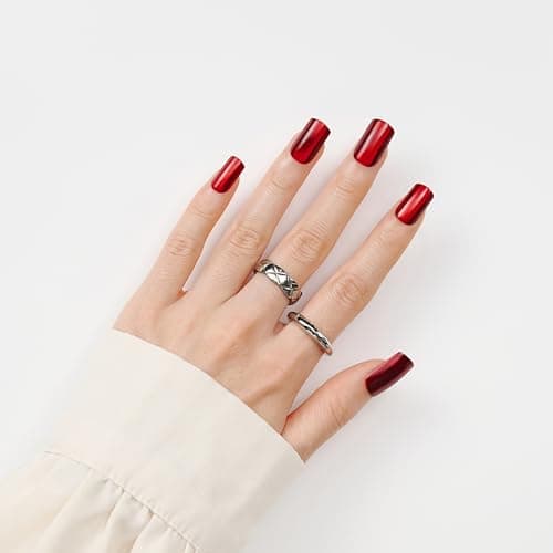 Burgundy Press On Nails Square - Cat Eye Fake Gel Nails, Glossy Sparkle Long-Lasting Chip-Free for Date Night or Fall Nails, 24 Pcs in 12 Sizes with Glue, Adhesive Tabs, File, Prep Pad, Manicure Stick - Thumbnail 4