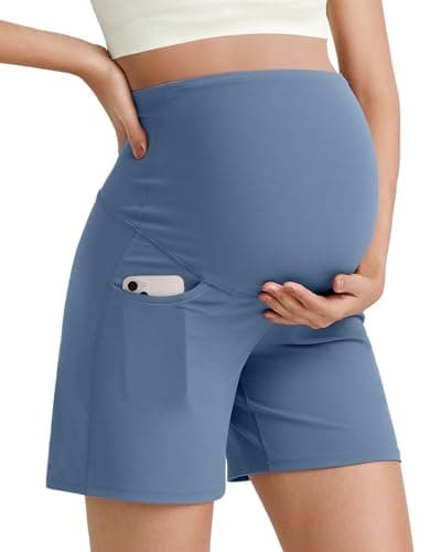G4Free Maternity Biker Shorts with Pockets Pregnancy Yoga Summer Stretchy Pants Comfy Workout Activewear(Blue Gray,L) - Image 1