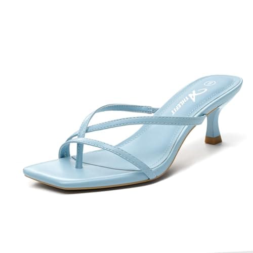 Athlefit Kitten Heels for Women Strappy Blue Flip Flops Square Open Toe Low Heels Summer Dressy Thong Heeled Sandals for Party Wedding Size 8 - Image 1