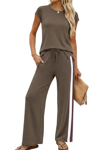 Casly Lamiit Women's 2 Piece Outfits Travel Set Track Suits Casual Shorts Workout Set Short Sleeve Crew Neck Jumpsuits Coffee XS - Image 1