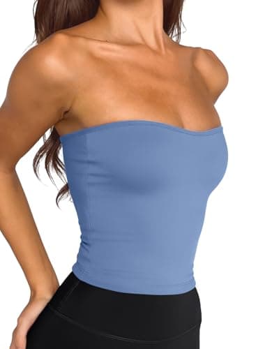 LASLULU Womens Bandeau Tube Top Cropped Workout Athletic Shirts Sexy Basic Strapless Yoga Gym Pilates Tops Y2K Summer Fashion 2026(Sky Blue X-Large) - Thumbnail 2