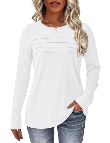 NORACORA Long Sleeve Shirts for Women Pleated Dressy Crew Neck Casual Business Blouses Trendy Fashion Tunic Basic Tops White S