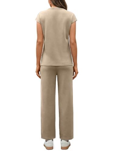 Casly Lamiit Two Piece Sets for Women Summer Casual Matching Outfits V Neck Tops Cropped Pants for Beach Vacation Lounge Travel Airport Camel XL - Thumbnail 5
