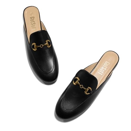 GotSoft Lambskin Insole Womens Metal Buckle Mules Slip on Flats Closed Round Toe Dress Shoes, Black, Size 9 - Image 1