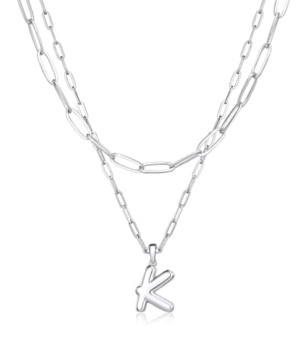adoyi Silver Initial Necklace for Women 14k Gold Plated Layered Bubble Letter Necklaces Trendy Jewelry Chain Name K Pendant Necklace Stack Birthday Valentines Gifts - Image 1