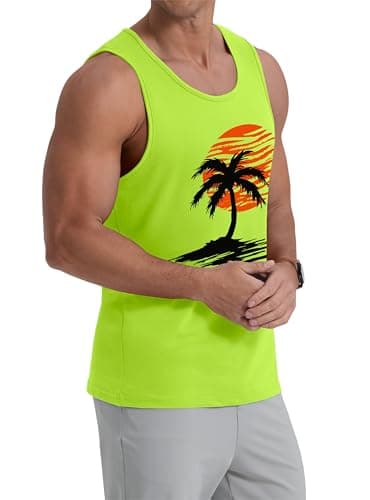 Mens Casual Summer Tank Tops Tropical Plants Graphic Crewneck Sleeveless Shirts Workout Gym Muscle Tops Beach Hawaii Vacation Fluorescein Palm Tree, M - Thumbnail 4
