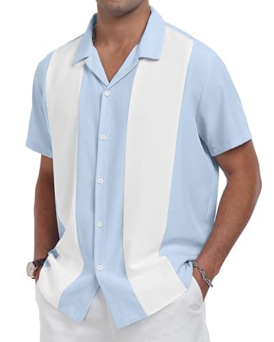 YTD Men's Vintage Bowling Shirt Short Sleeve Button Down Summer Cuba Beach Shirts Light Blue White - Image 1