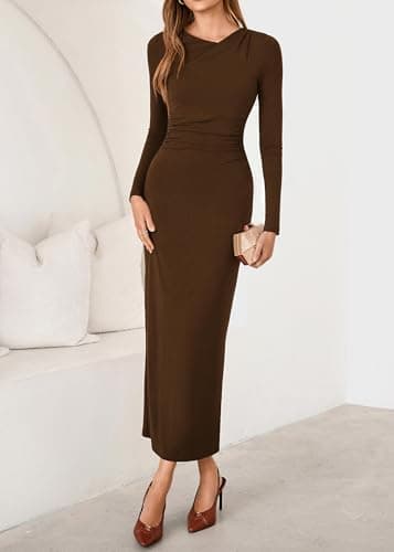 Lazysmile Women's Long Sleeve Asymmetrical Neck Bodycon Maxi Dress Back Slit Ruched Party Cocktail Wedding Guest Dressees Brown - Thumbnail 3