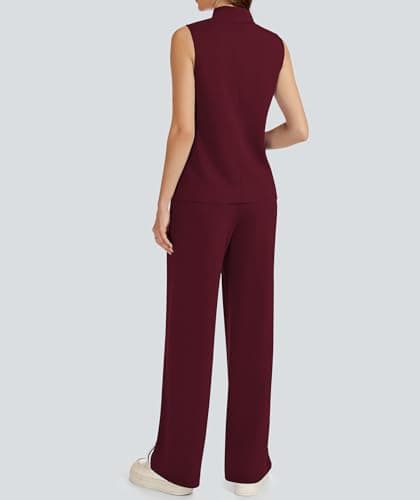 Casly Lamiit Womens Lounge Set 2 piece Lounge Travel Outfits Trendy Casual Tracksuit Mock Neck Tops Wide Leg Jogging Pants Activewear Ancora Red S - Thumbnail 5