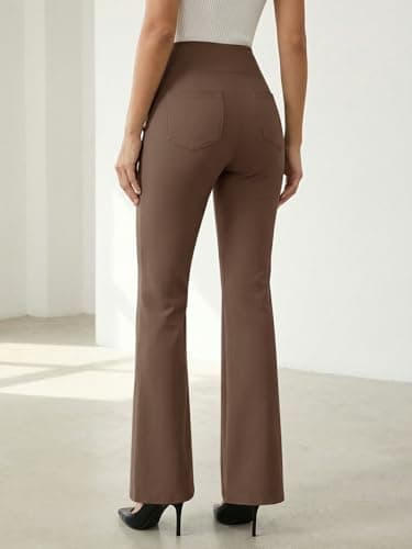 Dokuritu Womens Slacks for Work Tummy Control Stretchy Flare Pants Pull On Bootcut Business Casual High Waist Trousers with Pockets Caramel - Thumbnail 2