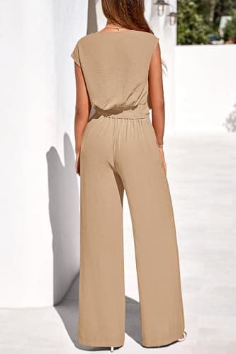 PRETTYGARDEN Women 2 Piece Lounge Sets 2026 Casual Summer Outfits Cap Sleeve Strappy Crop Tops Wide Leg Pant Tracksuit(Khaki,Large) - Thumbnail 5