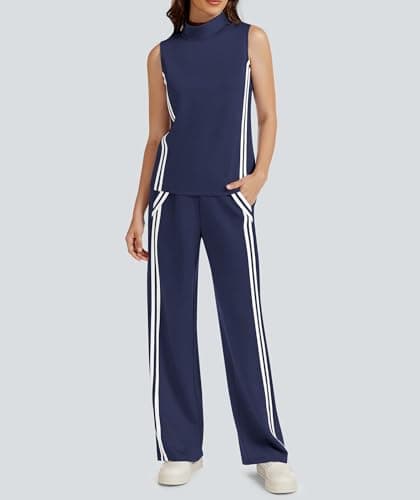Casly Lamiit Two Piece Lounge Sets for Women Travel Outfits Casual Track Suit Sleeveless Tops Wide Leg Pant Summer Tennis Set Activewear Navy Blue L - Thumbnail 3