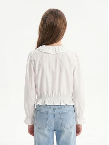 Barry Banny Girls White Button Down Shirt Peter Pan Collar White Blouse with Ruffle Hem Uniform Top for 6-7Y - Thumbnail 2