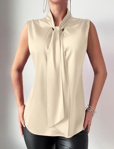 ZAFUL Women's Silk Satin Tank Tops Bow Tie Knot Mock Neck Casual Sleeveless Blouses Summer Basic Tanks Shirt Apricot L - Thumbnail 5