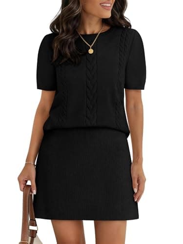 COCCKO Womens Skirt 2 Piece Sweater Set Short Sleeve Crewneck Sweaters Pleated Mini Skirt Knit Lounge Sets Black S - Image 1