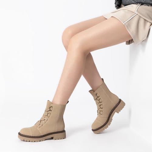 Athlefit Women's Combat Ankle Boots Platform Chunky Low Heel Boots Fashion Lug Sole Lace Up Taupe Booties Size 8 - Thumbnail 6