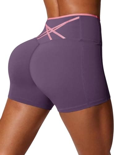 Aoysky Womens Workout Biker Shorts 5" Color Block High Waisted Yoga Athletic Shorts Violet - Image 1
