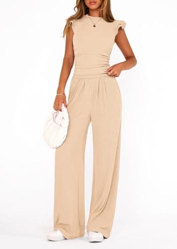 KIRUNDO Two Piece Sets For Women Dressy 2026 Summer Cap Sleeve Cute Tops Wide Leg Pants Spring Matching Set Vacation Outfits(Beige, X-Large) - Thumbnail 6