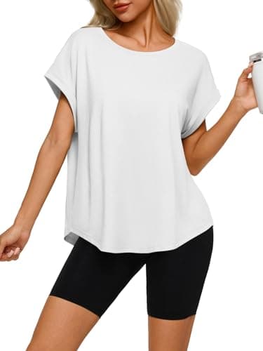 REORIA Women’s Oversized T Shirt Loose Fit Short Sleeve Casual Top Soft Stretchy Lounge Tee for Summer & Workout White Large - Image 1