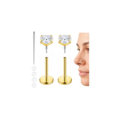 MHWTTY Hypoallergenic Nose Studs Flat Back Screw on Ear Studs 18K Gold Plated 316 Stainless Steel, 3 colors CZ Studs for Nose, Ear, Lip, Tongue, Navel, 2-5mm CZ 6-8mm Bar Length with 1 Taper,4 Silicone Pads (Gold, 2mm) - Image 1