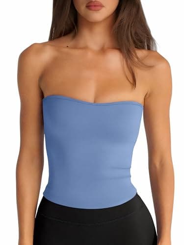 LASLULU Womens Bandeau Tube Top Cropped Workout Athletic Shirts Sexy Basic Strapless Yoga Gym Pilates Tops Y2K Summer Fashion 2026(Sky Blue Large) - Image 1