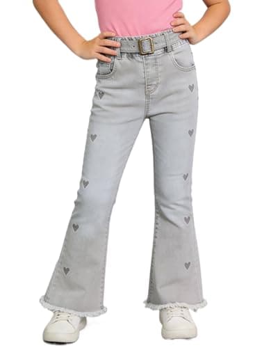 SELINK Girls High Waisted Flared Jeans with Heart Embroidery Kids Stretchy Denim Pants with Frayed Hem Light Gray 10 - Image 1