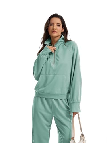 Anyshe Women's 2 Piece Sweatsuit Set Lounge Set Half Zip Sweatshirt with Kangaroo Pocket Thumb Holes Wide Leg Drawstring Pants Casual Tracksuit for Travel Daily Wear, Mint Green, Small - Thumbnail 3