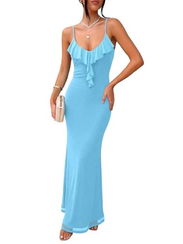 Prinbara Womens Mesh Bodycon Formal Maxi Dresses Summer Spaghetti Strap Ruffle Cocktail Wedding Guest Party Prom Long Dress Blue Small - Image 1